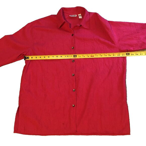 Chicos Crepe Gauze Shirt Womens Sz L Button Front Fuchsia Roll Tab Sleeve Blouse - Picture 7 of 11